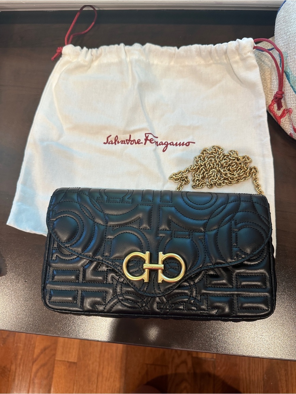 Salvatore Ferragamo Mini Gancino Black Quilted Mini Shoulder Bag with Gold Ch